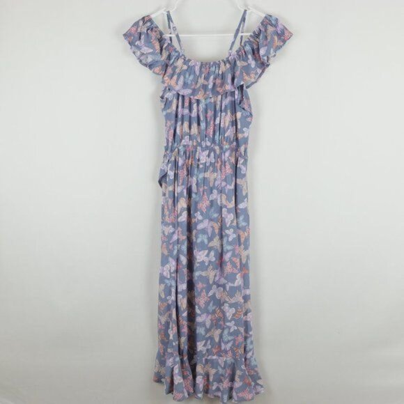 Epic Threads Girls XL Blue Pink Butterfly Faux Wrap Cold Shoulder Ruffled Dress - Picture 3 of 8